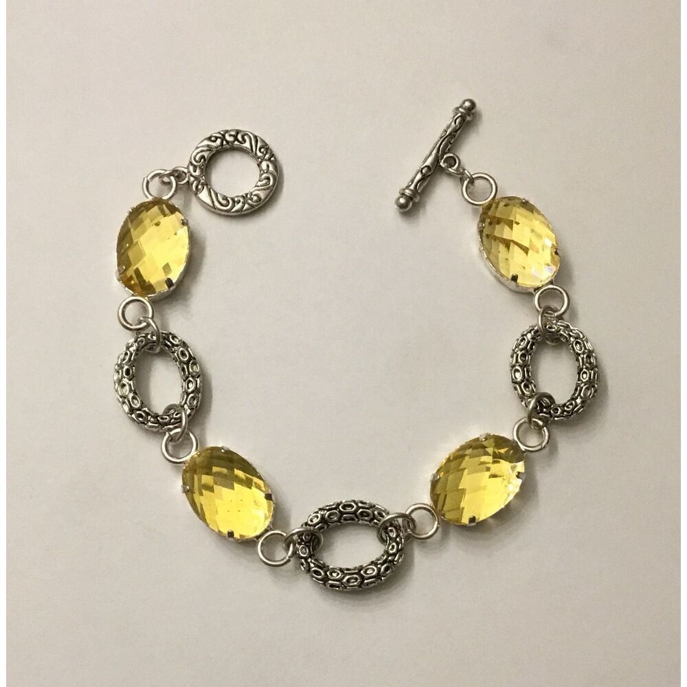 Textured Silver & Lemon Crystal Toggle Bracelet